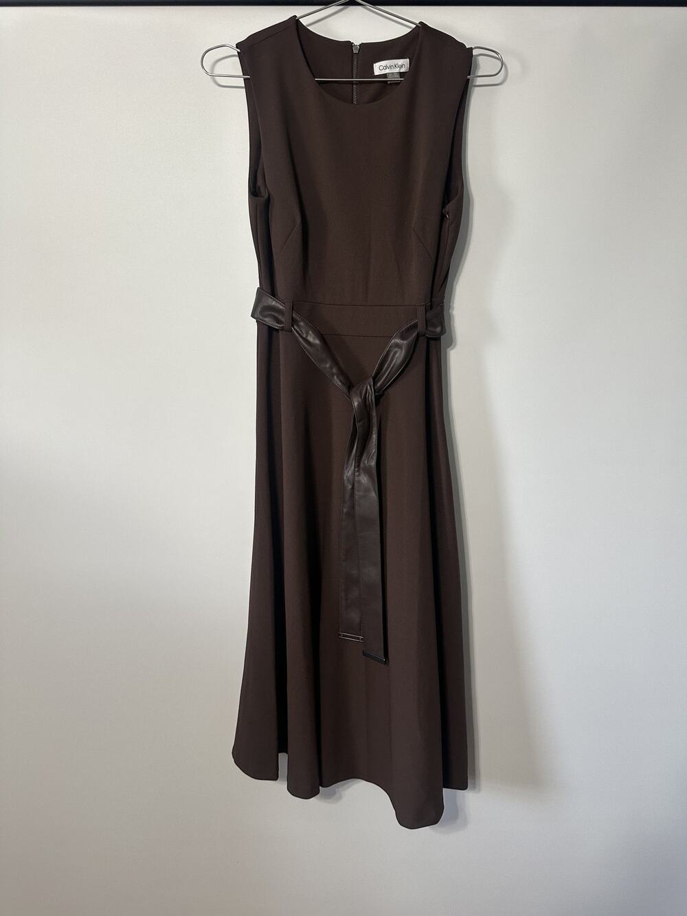 Calvin Klein Brown Sleeveless Tie Waist Midi Dress Size 4 Back Zip